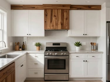 Straight-on eye-level shot of a completed modern kitchen in Peekskill, featuring clean white cabinets, warm cedar accents, and polished tile backsplash.