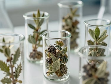 Macro shot of raw botanical ingredients in clean glass laboratory vessels, soft natural daylight, clinical botanical aesthetic