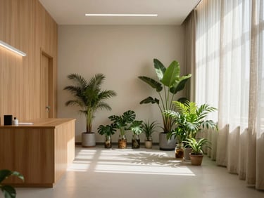 Wide angle shot of a minimalist, sunlit clinical consultation room with warm wood accents, lush green botanical plants in glass jars, and soft linen curtains.