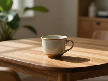 Sunlit quiet clinical space with a wooden table, a warm ceramic cup, and green botanical leaves in the background, peaceful atmosphere