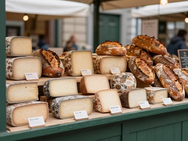 A cozy Scandinavian-style indoor market stall with artisanal cheeses and fresh sourdough loaves, warm indoor glow, matte finish, 35mm lens.