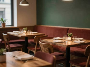 Warmly lit interior of a cozy, Scandinavian-style restaurant, empty tables set, soft focus on natural wood textures and subtle greenery, low light, warm editorial photography.