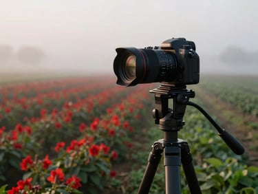 A professional camera setup on a tripod in a misty agricultural field at dawn, soft overcast light, matte finish, 35mm lens.