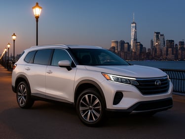Modern white SUV parked near the Hudson pier at dusk, warm streetlights, crisp focus.