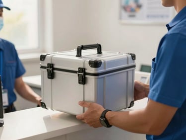 Close-up of a professional courier in clean attire handing a secure, locked medical specimen transport case to a clinic receptionist under warm, natural light.