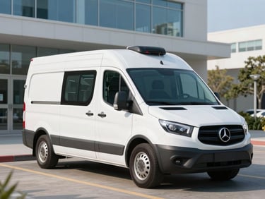 A clean, modern medical courier vehicle parked outside a professional Georgia healthcare clinic during a bright, clear day, with soft sunlight reflecting on the glass facade.