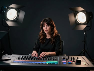 High-contrast studio portrait of a female producer at an editing console, dramatic studio lighting, 35mm