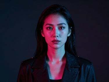 High-contrast studio portrait of a female creative director, neon-tinged ambient glows, moody dark tones, anamorphic lens