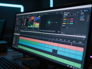 Close-up of a high-end editing suite showing a timeline of motion graphics, dark room with neon ambient glow