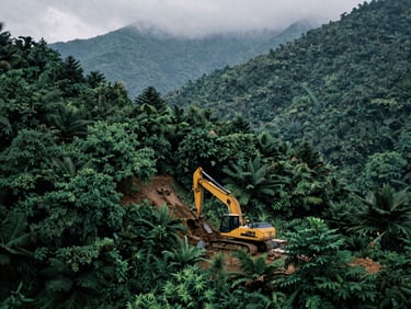 Heavy equipment meticulously shaping a sloped Appalachian landscape under overcast mountain daylight, deep forest greens.