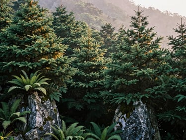 Lush native mountain hemlock and ferns planted around structural stone features, soft golden hour light filtering through dense canopy.