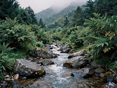 Misty mountain stream flowing over native stones in a designed landscape, deep forest greens, soft natural light.