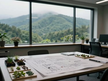 Interior shot of a modern, organized landscape architecture office in Hendersonville, NC, blueprints on a large table, native plant samples, soft daylight.