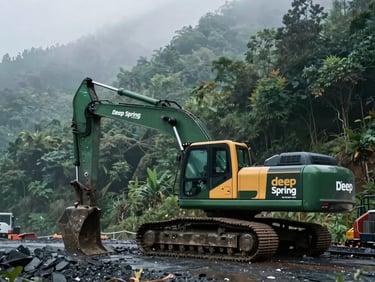 Branded Deep Spring Design fleet vehicle, a heavy excavator, parked on a mountain construction site, misty morning, dark green and wet slate tones.