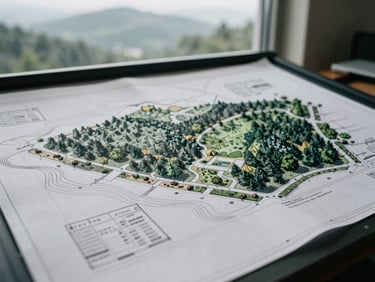 Close-up of detailed architectural blueprints for a landscape design, showing contour lines and planting plans, on a drafting table in a Hendersonville office, soft natural light.