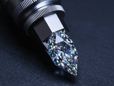 Macro shot of an industrial diamond anvil under cool blue technical highlights, sharp focus, 50mm lens, deep slate background
