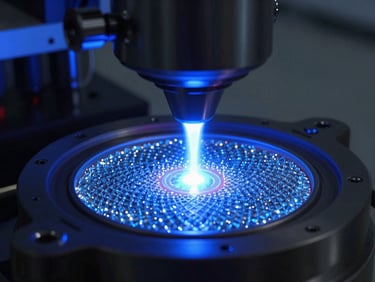 Macro shot of a glowing blue MPCVD plasma chamber, intense technical highlights, sharp diamond substrate visible under intense electrical arc, cinematic industrial photography, 50mm lens