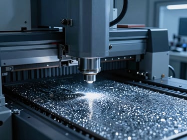 Industrial diamond manufacturing facility floor with high-precision cutting lasers, cool ambient blue lighting, sharp technical focus