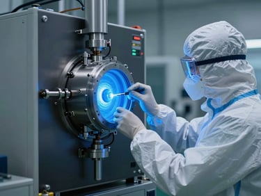 A cleanroom technician in protective gear adjusting a glowing blue MPCVD plasma chamber, cool technical highlights, cinematic industrial photography