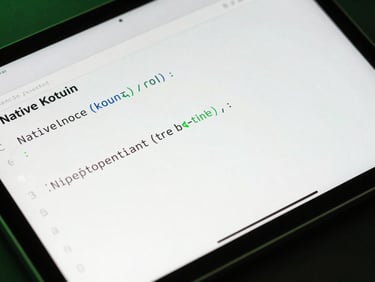 Close-up of clean native Kotlin code on a high-end tablet screen, cool-toned studio lighting, sharp neon-green accents, macro lens