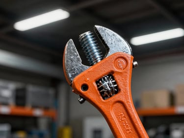 Close-up of a high-visibility safety orange Wokin wrench gripping a heavy steel bolt in a workshop, dramatic industrial lighting