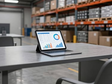 A modern industrial office desk with a tablet displaying business analytics and charts, warehouse background, clean lighting