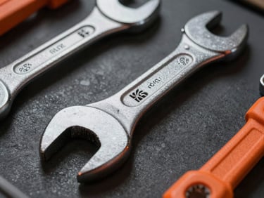 Close-up of high-quality steel wrench and heavy-duty industrial tools with safety-orange accents, metallic textures, dramatic lighting, 50mm lens