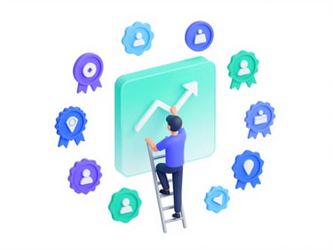 3D character on a ladder drawing an upward growth arrow surrounded by digital reward badges.