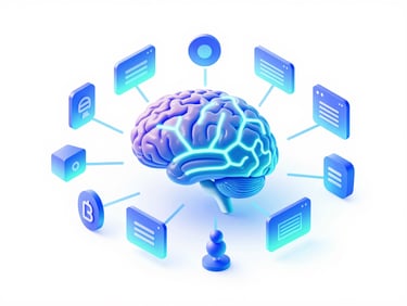 Clean 3D render, isometric illustration of a digital brain with glowing neural network lines, connected to various software icons, soft indigo and teal gradients, white background, high-key lighting.