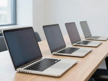 A row of neatly arranged corporate laptops ready for deployment on a clean wooden desk, bright office lighting, 35mm