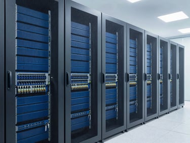 Wide shot of a clean, modern corporate server room in Delhi, neatly organized blue and white patch panels, bright professional lighting