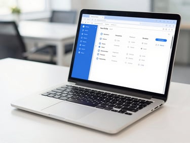 Close-up of a modern corporate laptop open on a clean desk, displaying a network dashboard, bright office lighting