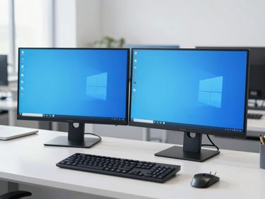 A high-performance desktop computer with dual monitors in a clean, organized workspace, professional setup