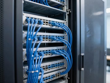 A neatly managed server rack with clean blue ethernet cabling in a secure server room