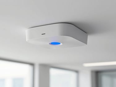A clean modern ceiling-mounted corporate Wi-Fi access point with a solid blue status light, bright office background, 35mm