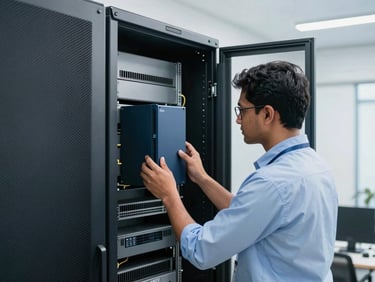 A technician configuring a sleek rack-mounted firewall in a bright Delhi server room, professional environment, 35mm
