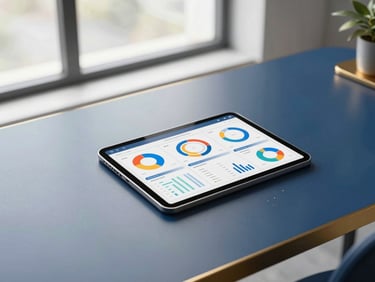 A top-down view of a modern desk with a tablet displaying colorful marketing analytics charts, natural window light, elegant aesthetic