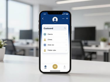 A modern workspace with a smartphone showing an automated customer service chat flow, clean office background, soft shadows