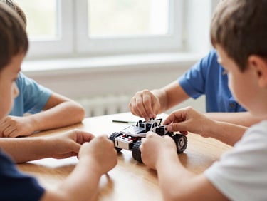 A close-up of children's hands assembling a small robotic vehicle on a classroom desk, brightly lit by natural window light