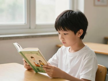 A young student sitting in a cozy classroom reading corner, holding an open illustrated book, soft warm light filtering in