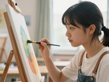 An art student carefully painting a vibrant canvas with a brush, focused expression, soft natural studio light