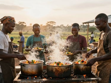 Warm golden-hour shot of a community-led outdoor kitchen in Wakiso, local cooks preparing nutritious hot meals in large pots, steam rising, natural smiles.