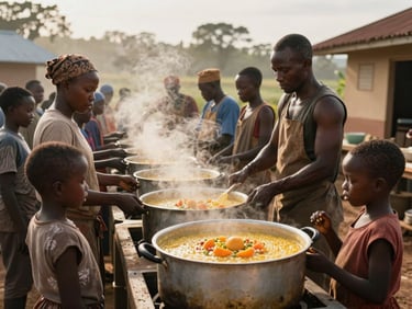 Eye-level landscape shot of a community-led kitchen in Wakiso District, local cooks preparing large pots of nutritious porridge for children, steam rising in warm morning light.