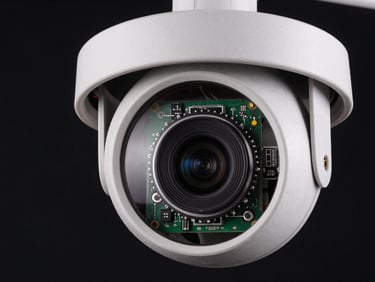 Macro close-up of a CCTV camera dome housing opened to reveal the sensor module and IR LED ring, cool studio strobe from the side, sharp focus on the lens assembly, black background