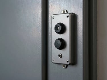Close-up of an access control reader panel and electric strike lock mounted on a steel door frame, cool studio light raking across the brushed metal surface, wiring visible at the conduit entry