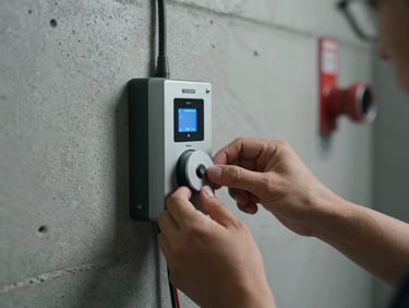 Close-up of a technician's hands calibrating an access control reader panel mounted on a concrete wall, cool studio strobe side-lighting, wiring partially visible, blurred fire suppression nozzle in background