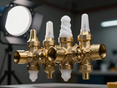 Close-up of a foam suppression manifold assembly, brass valve bodies and foam concentrate inlet ports, cool studio lighting from the left, dark industrial background