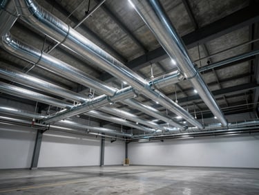 Wide-angle view of a commercial sprinkler pipe network installed across a warehouse ceiling, cool overhead studio lighting tracing the chrome pipe runs, empty floor below, architectural framing