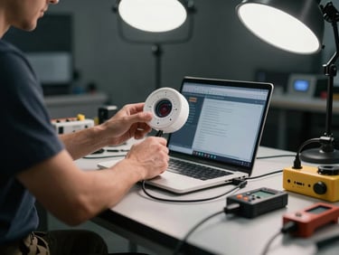 Wide shot of a technician's hands calibrating a fire detection sensor with a laptop connected via diagnostic cable, cool overhead studio light on the workbench, tools arranged precisely to the right