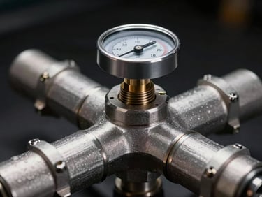 Extreme close-up of an FM200 cylinder valve manifold, cool studio strobe lighting raking across brushed steel surface, sharp depth of field revealing machined threads and pressure gauge, dark background